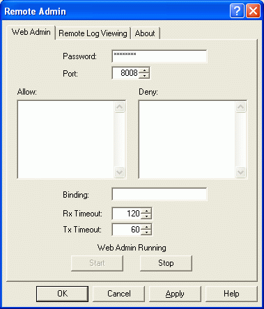 Remote Admin Configuration screen