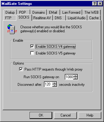 MailGate Web tab settings for SOCKS